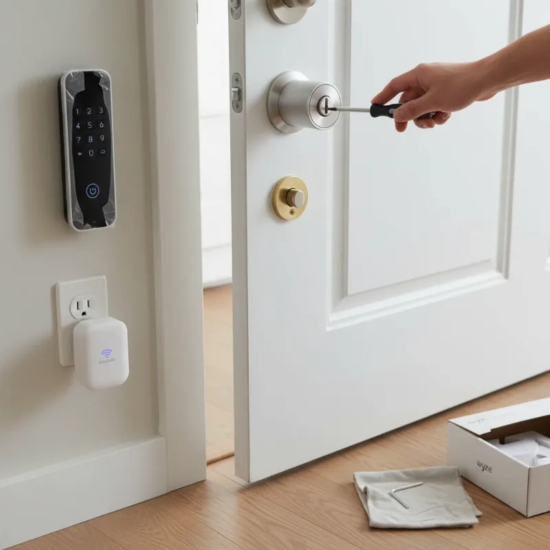 Wyze smart lock installed on a door with a separate keypad, illustrating easy DIY setup.